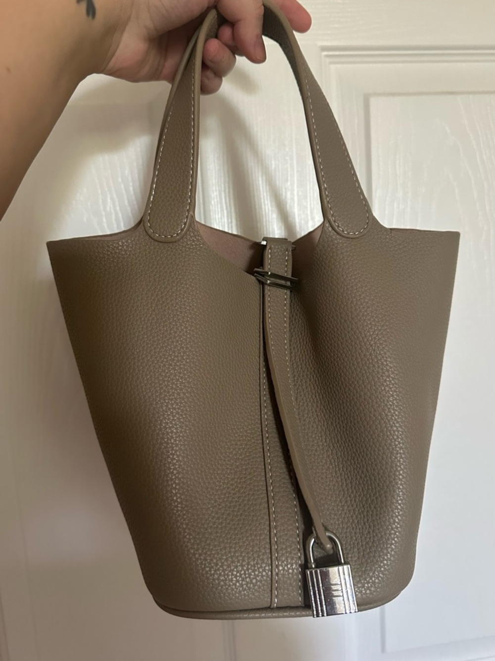 Top Handle Grey Leather Designer Bucket Bag